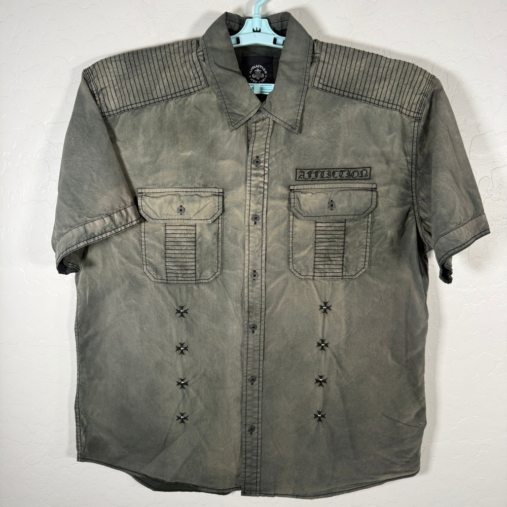Affliction Shirt Mens 2XL Green Button Up Short Sleeve Goth Grunge Y2K